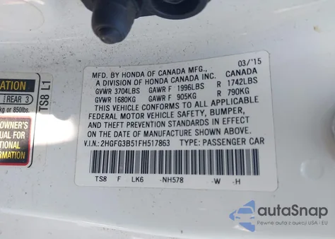 2015 Honda Civic Lx z USA, uszkodzony, nr VIN 2HGFG3B51FH517863